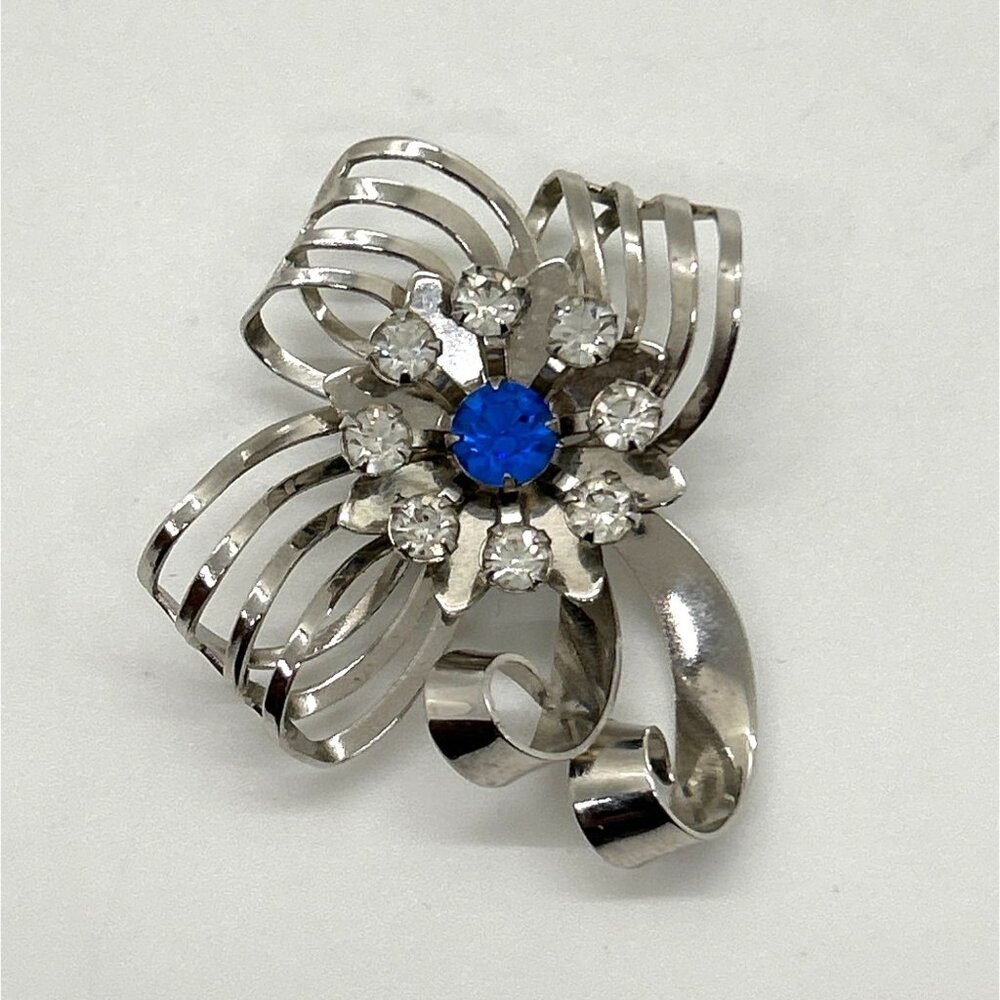 Vintage Bow Brooch Ribbon Pendant Floral & Clear Blue Center Silver-tone - Picture 3 of 11